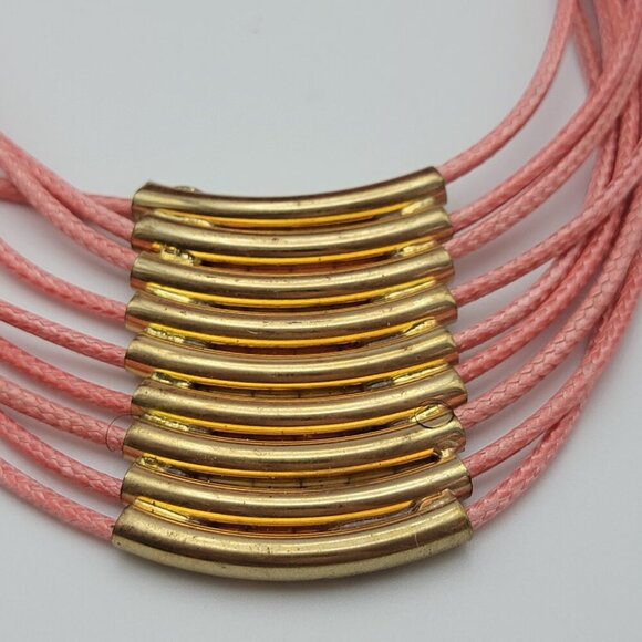 Pink And Gold Multi Strand Cord Tube Bib Necklace 19 In Gold Tone Lobster Clasp - Picture 5 of 6